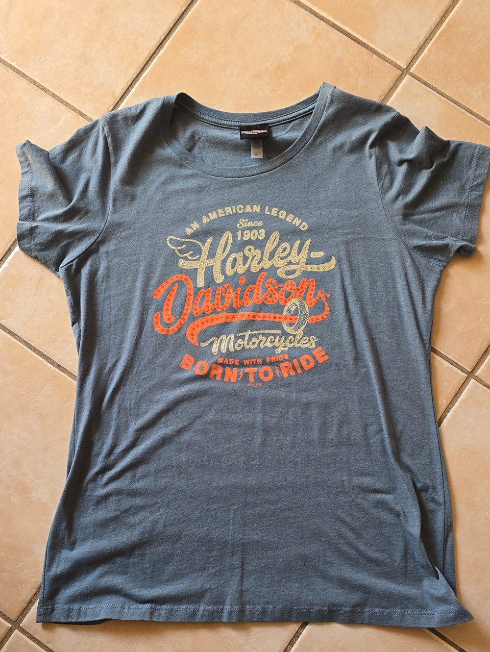Womens XXL Harley-Davidson Gray-Blue Short Sleeve Tee w/ Orange & Cream Graphic